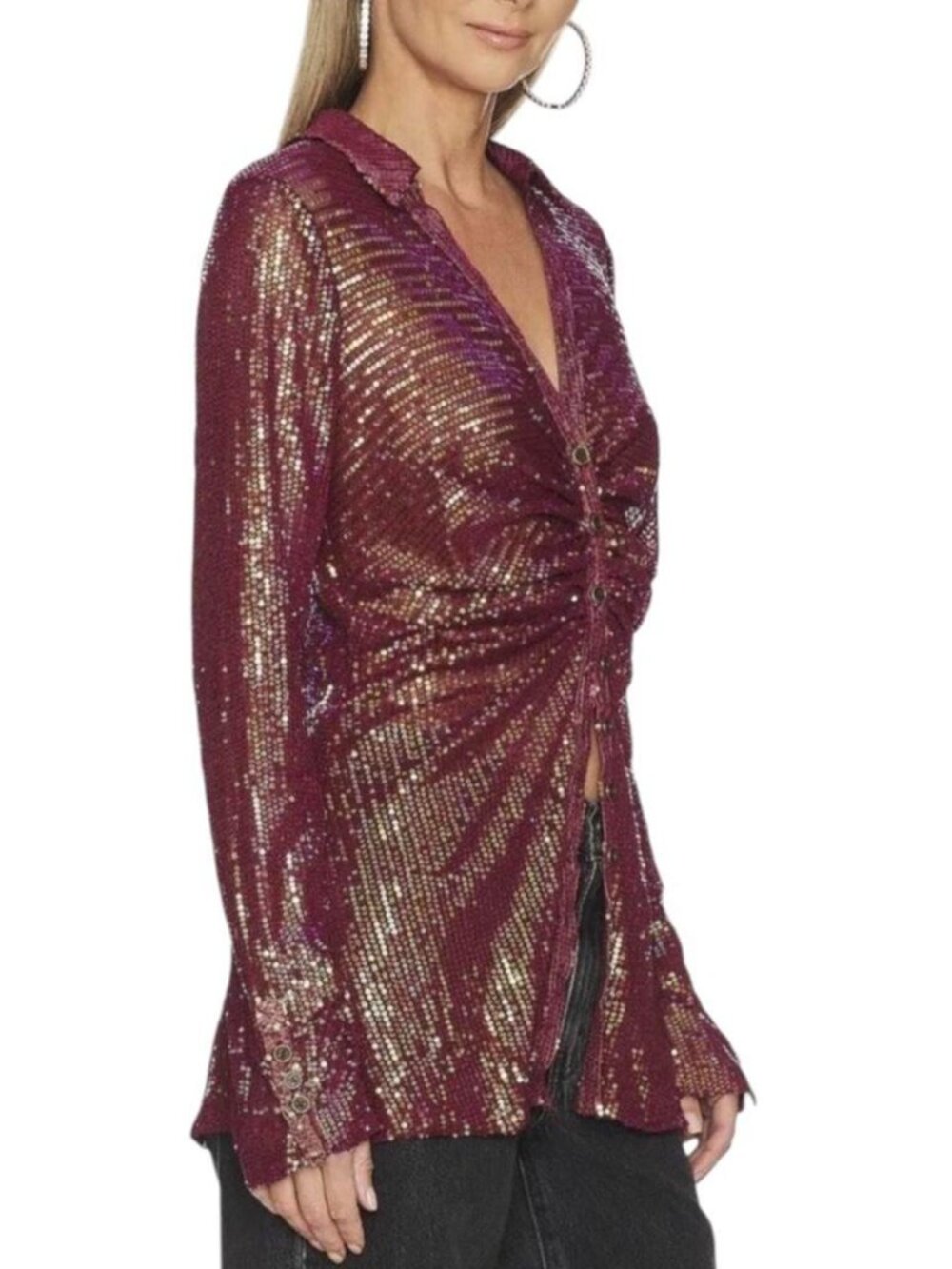 Free People Sequin Shirtee Top In Dark Rhubarb Size Large - Picture 2 of 7